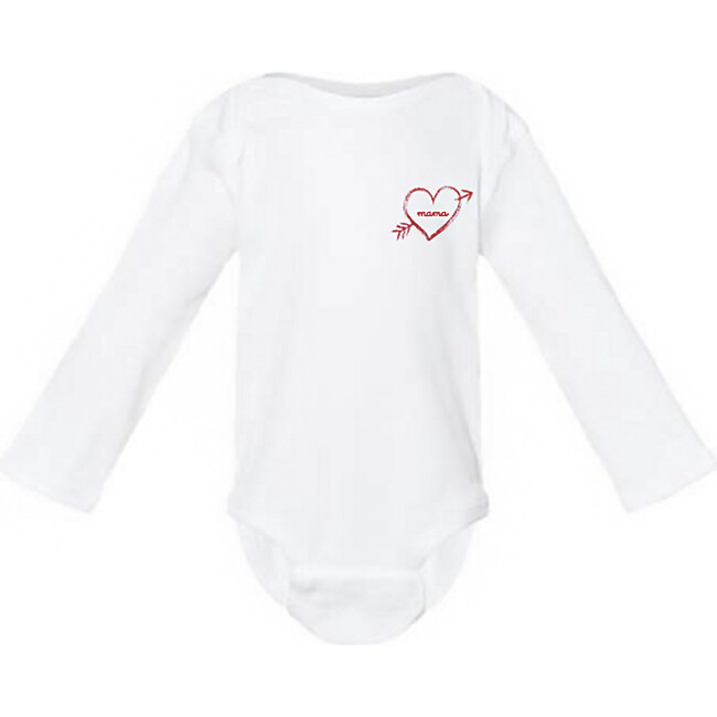 "Mama" Embroidered Heart Bow + Arrow Baby Longsleeve Onesie, White