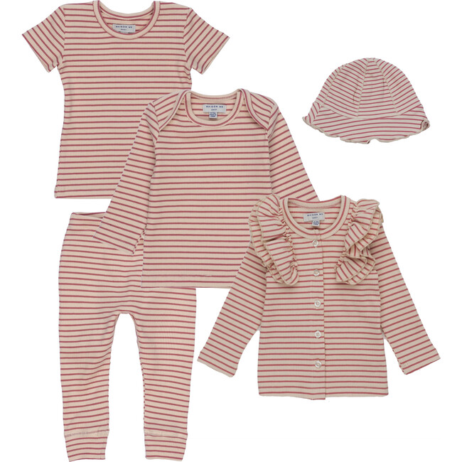 5 Piece Baby Set, Pink & Natural Stripe
