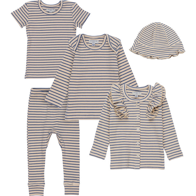 5 Piece Baby Set, Blue & Natural Stripe