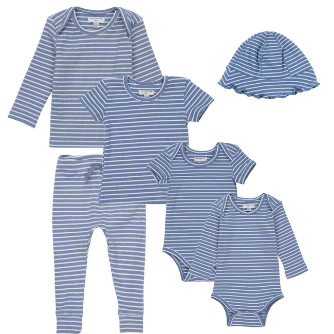 6 Piece Baby Set, Blue & Light Blue Stripe