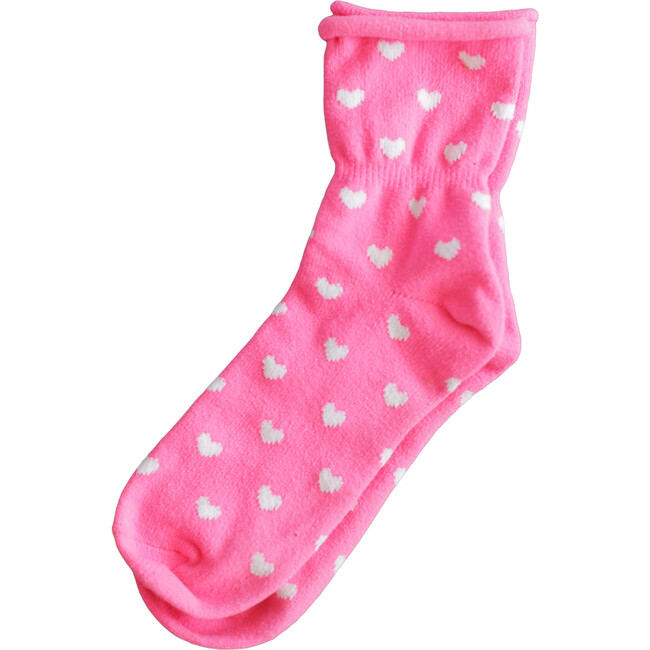 Women's Thin Rolled Fleece Socks, Pink Hearts