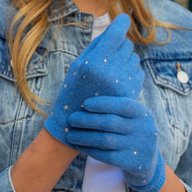 Women's Cashmere Gloves with Scattered Crystals, Blue