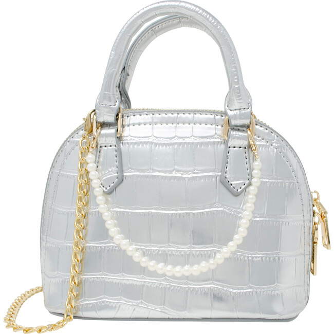 Patant Crocodile Moon Pearl Handbag, Silver - Bags - 1