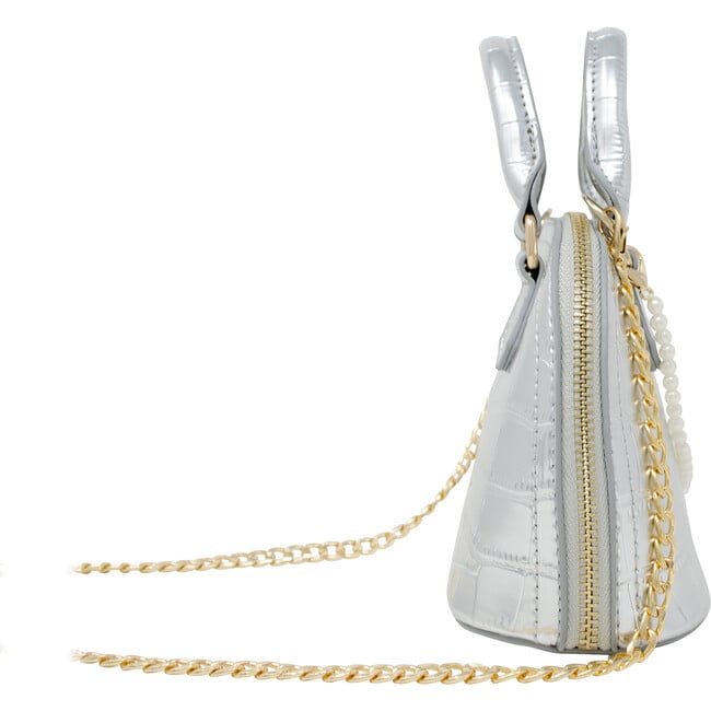 Patant Crocodile Moon Pearl Handbag, Silver - Bags - 2
