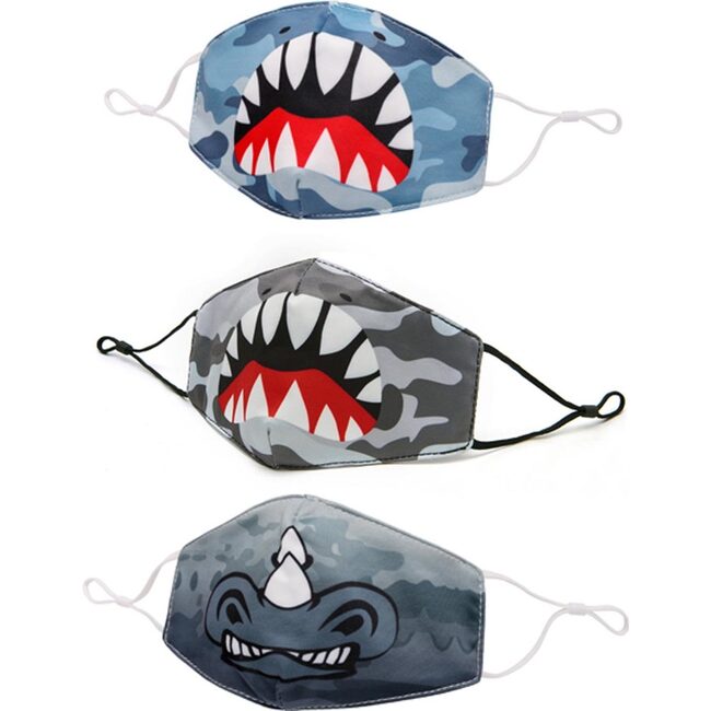 Blue Camo Shark & Rhino Printed Face Mask Bundle Set