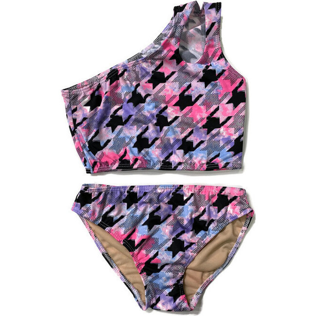 Girl's Two Piece One Shoulder Bathing Suit Geometric Pink