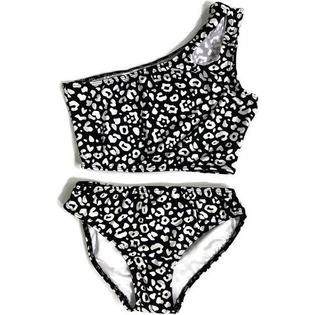 Girl's Two Piece One Shoulder Bathing Suit Black Cheetah