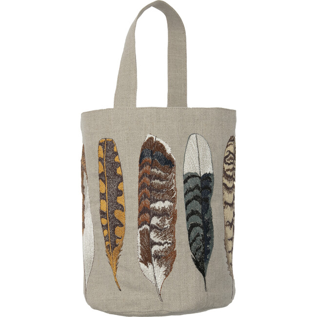 Feather Embroidered Linen Bucket Bag