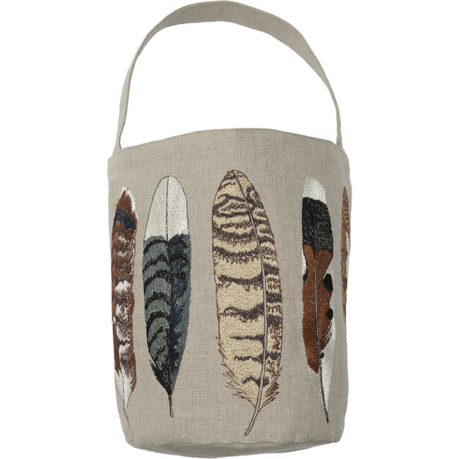 Feather Embroidered Linen Bucket Bag
