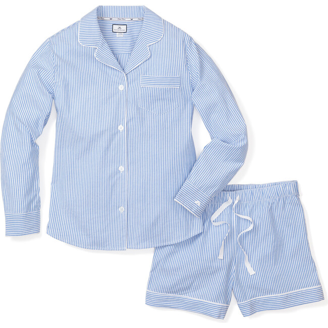Women's Long Sleeve Short Set, French Blue Seersucker - Pajamas - 1