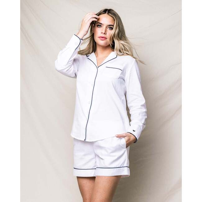 Women's Long Sleeve Short Set, White & Navy Piping - Pajamas - 2