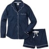 Women's Twill Long Sleeve Short Set, Navy - Pajamas - 1 - thumbnail