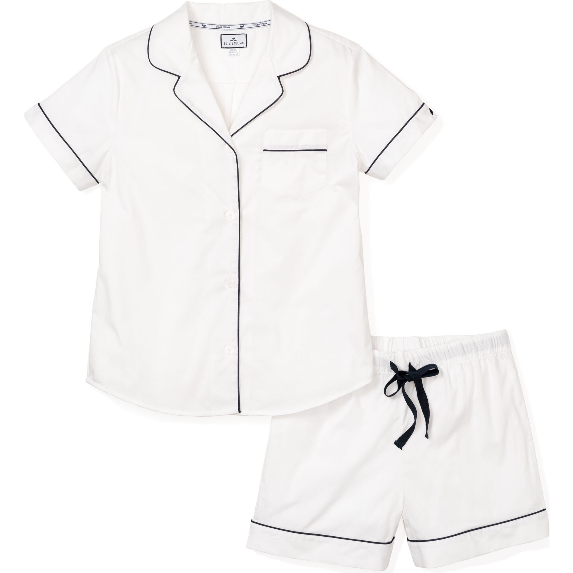Women's Short Sleeve Short Set, White & Navy Piping - Pajamas - 1