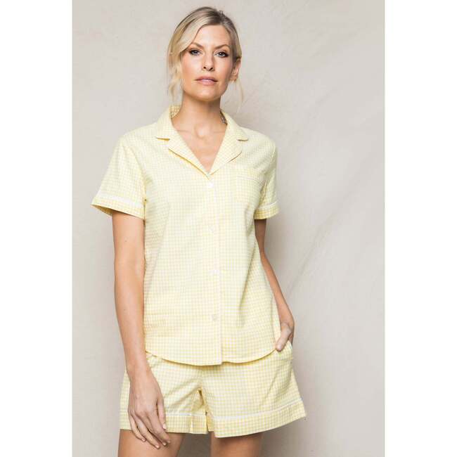 Women's Short Sleeve Short Set, Yellow Gingham - Pajamas - 2