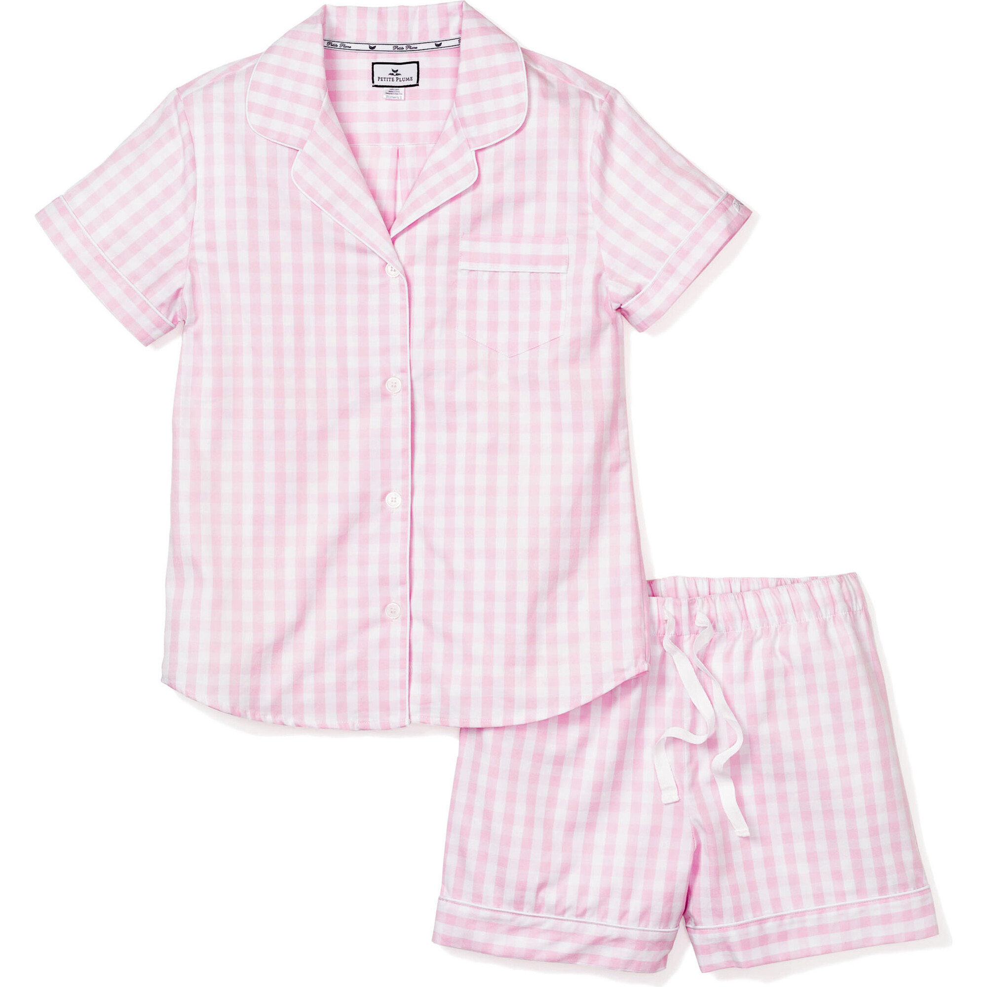 Women's Short Sleeve Short Set, Pink Gingham - Pajamas - 1