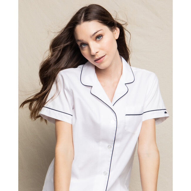 Women's Short Sleeve Short Set, White & Navy Piping - Pajamas - 3