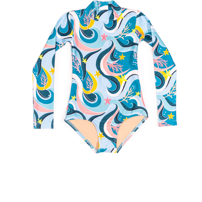 Mini Kelly Girls Long Sleeve One Piece, Ocean Candy Wave Pacific Blue