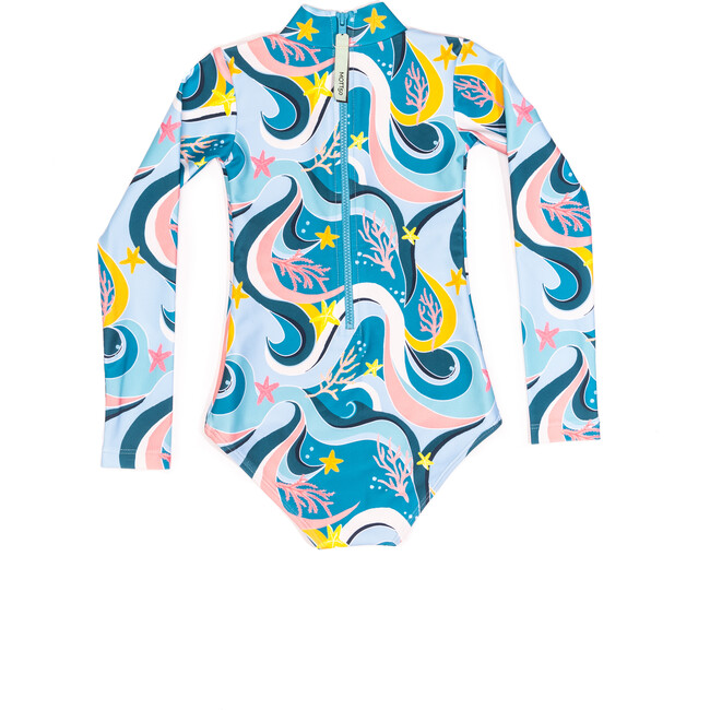 Mini Kelly Girls Long Sleeve One Piece, Ocean Candy Wave Pacific Blue - One Pieces - 3