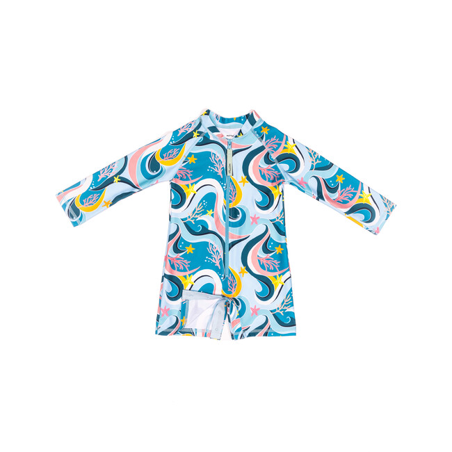 Mini Taylor Baby Long Sleeve Sunsuit, Ocean Candy Wave Pacific Blue
