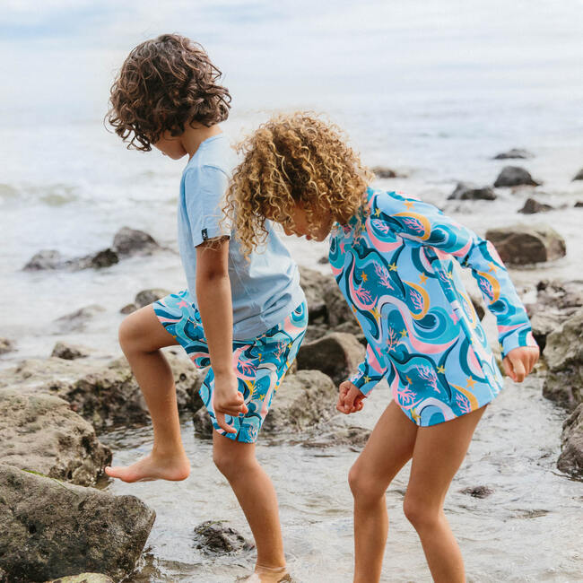 Mini Blake Kids Long Sleeve Rash Guard, Ocean Candy Wave Pacific Blue - Two Pieces - 4