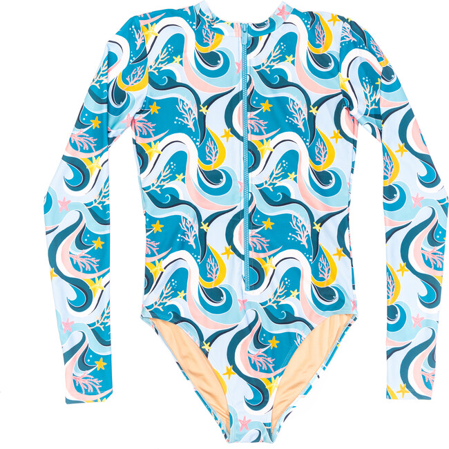 Women's Mila Long Sleeve One Piece, Ocean Candy Wave Pacific Blue