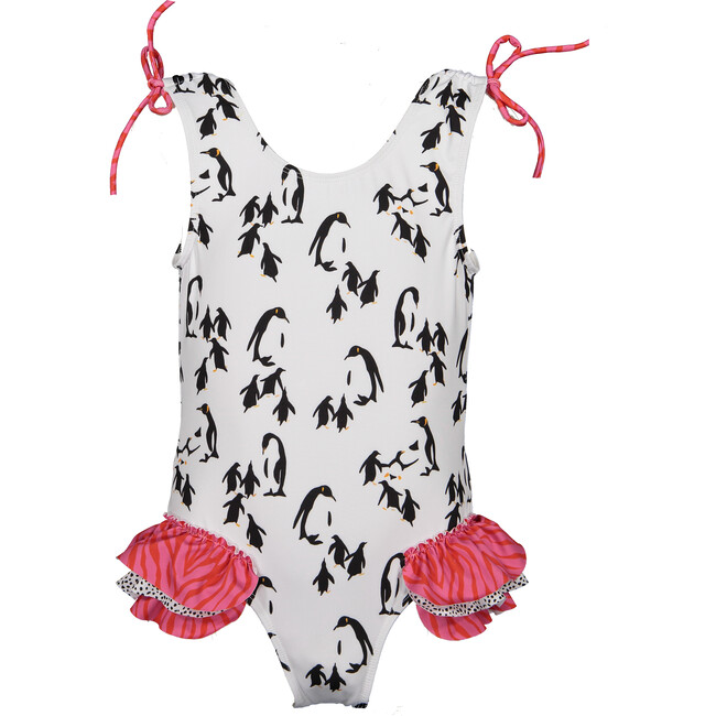 Penguin One Piece Swimsuit, White, Black and Pink