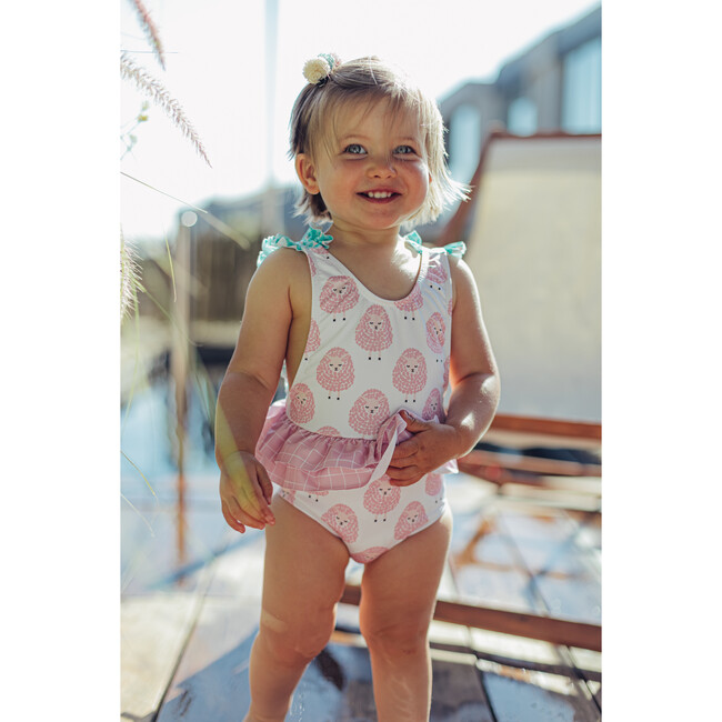 Sheep and Animal Dots One Piece Swimsuit, White, Pink and Green - One Pieces - 2