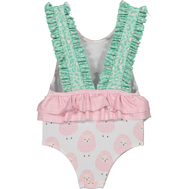 Sheep and Animal Dots One Piece Swimsuit, White, Pink and Green - One Pieces - 3