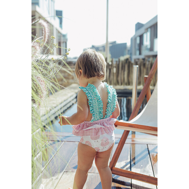 Sheep and Animal Dots One Piece Swimsuit, White, Pink and Green - One Pieces - 5