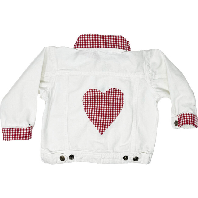 White Denim Jacket, Red Gingham heart