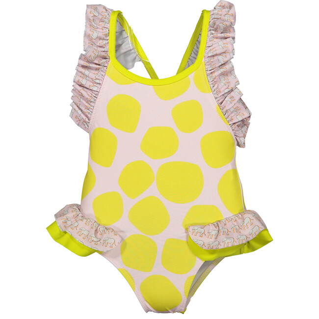 Elephant and Yellow Balls One Piece Swimsuit, Pink and Yellow