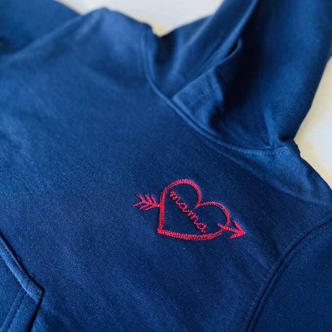 "Mama" Embroidered Heart Bow + Arrow Baby Pullover Fleece Hoodie, Navy - Sweatshirts - 2