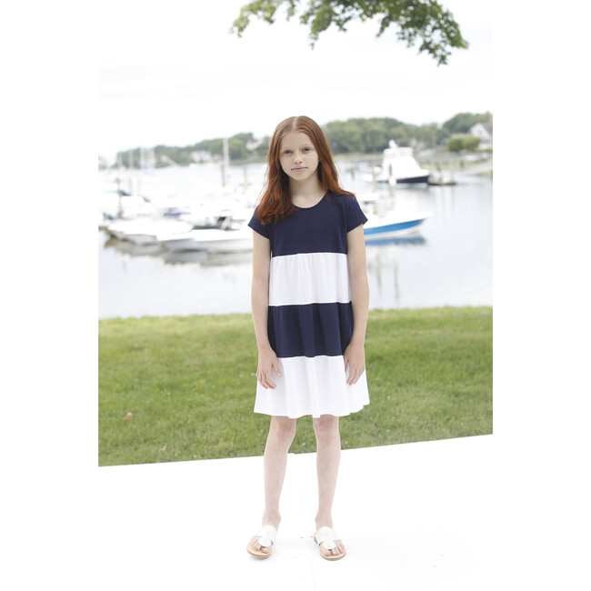 Short Sleeve Holly Tiered Colorblocked Dress Pique, Bright White - Dresses - 2