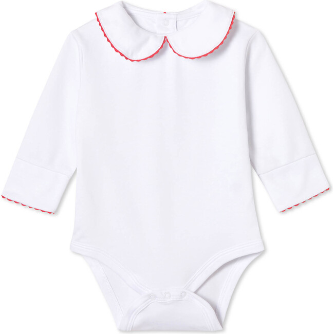 Long Sleeve Izzy Onesie Solid, Bright White with Crimson Ric Rac