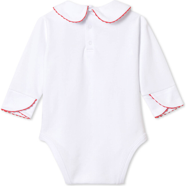 Long Sleeve Izzy Onesie Solid, Bright White with Crimson Ric Rac - Onesies - 2