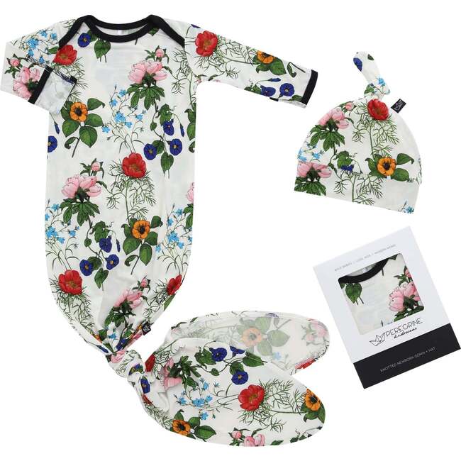 Bamboo Knotted Newborn Gown Hat Set, Bright Garden Floral - Pajamas - 1