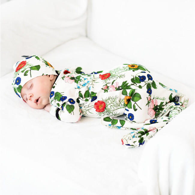 Bamboo Knotted Newborn Gown Hat Set, Bright Garden Floral - Pajamas - 2