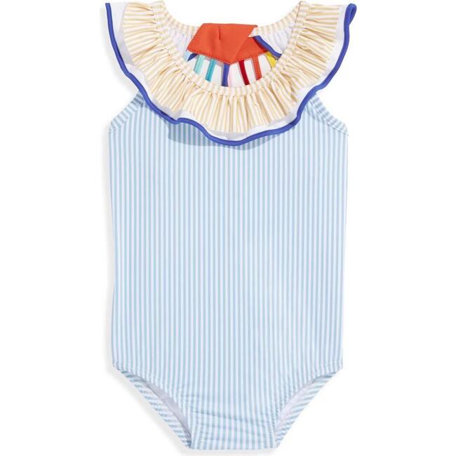 Lainey Bathing Suit, Blue and White Stripe with Rainbow