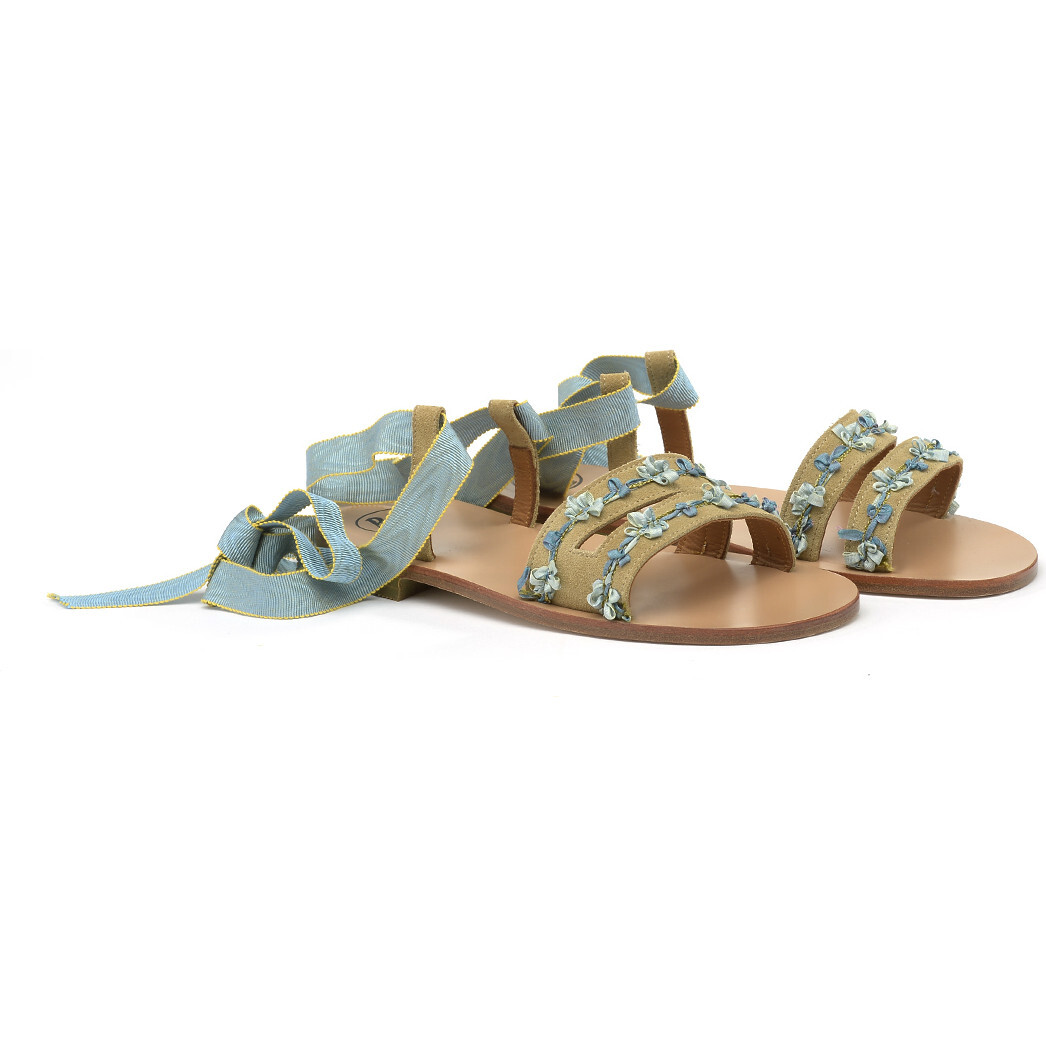 Lace-Up Leather Sandals, Beige - Sandals - 1