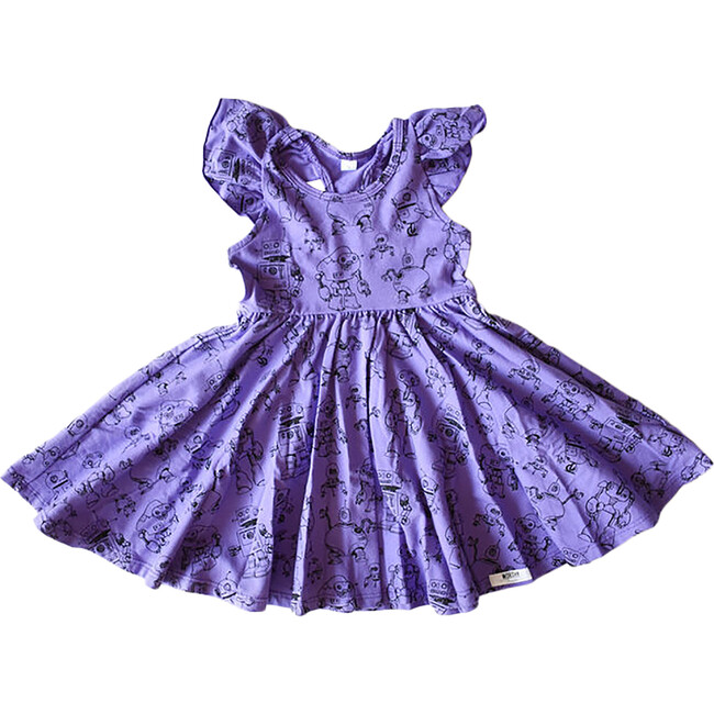 Robots Ruffle Sleeve Twirly Dress, Purple