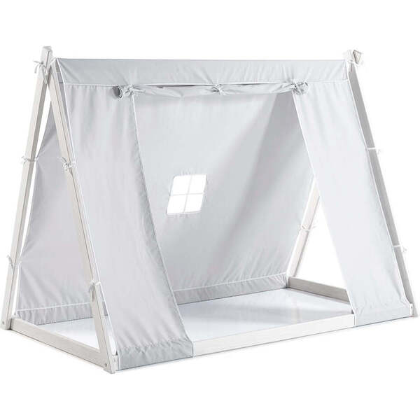 Kid's Tent Twin Floor Bed, White Frame/Grey Tent P'kolino Beds