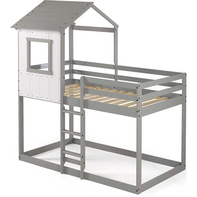 Tree House Bunk Bed, Rustic White Wall/Light Grey Roof & Frame - Beds - 1