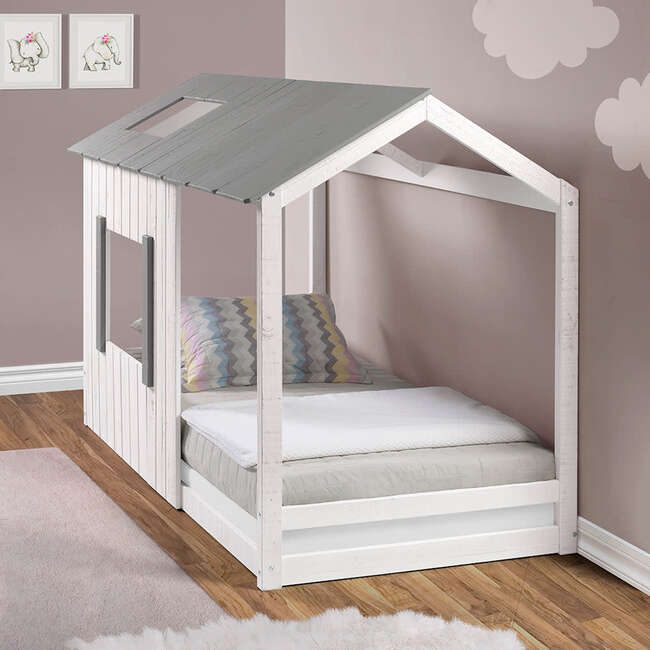 Kid's House Twin Bed, White Wall & Frame/Grey Roof