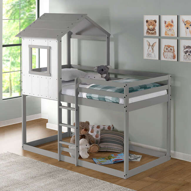 Tree House Bunk Bed, Rustic White Wall/Light Grey Roof & Frame - Beds - 2