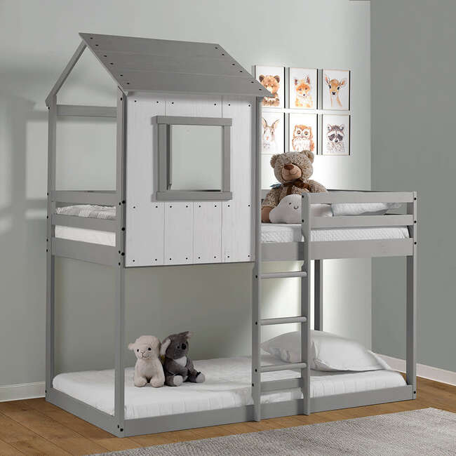 Tree House Bunk Bed, Rustic White Wall/Light Grey Roof & Frame - Beds - 4