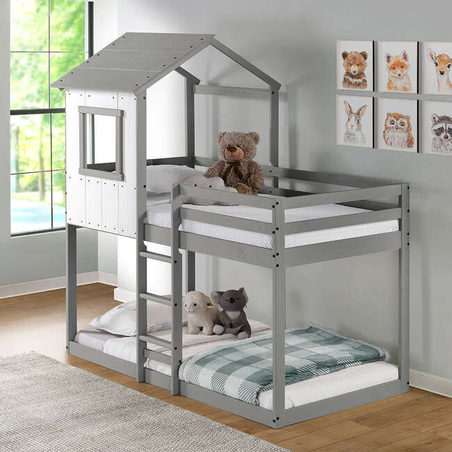 Tree House Bunk Bed, Rustic White Wall/Light Grey Roof & Frame - Beds - 5