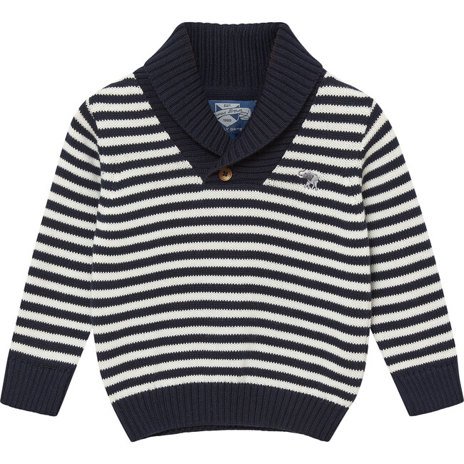 Little Freddie Shawl Collar Jumper, Navy White Stripe - Jumpers - 1