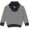 Little Freddie Shawl Collar Jumper, Navy White Stripe - Jumpers - 1 - thumbnail