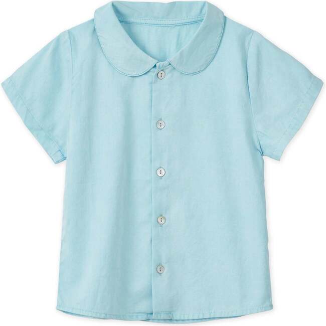 Short Sleeve Organic Cotton Woven Peter Pan Collared Shirt, Sky Blue With Natural Mineral Dye