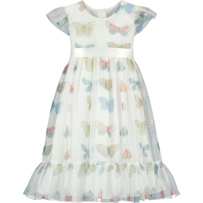 Clara Butterfly Georgette Girls Party Dress, White